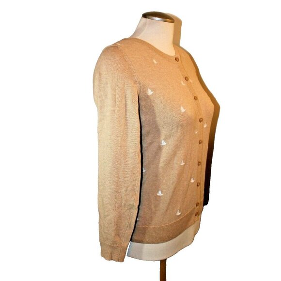 Tommy Hilfiger Sailboats Embroidered Cardigan Womens Small Beige Coastal Minimal - Picture 2 of 8
